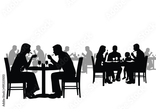 Silhouette of people dining in a restaurant, enjoying meals at tables with guests around them