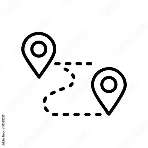 Two map location pins connected by a dashed line showing a travel route path