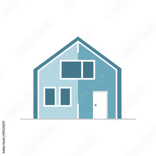Abstract two-story house silhouette in cool blue and teal tones with white trim