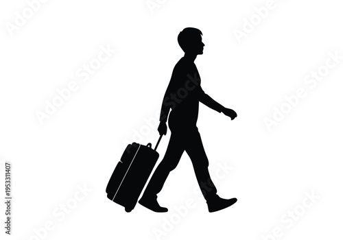 Silhouette of a person walking with a rolling suitcase, representing travel and movement