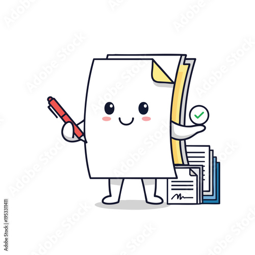 Cheerful paper stack character holding pen, holding checkmark, near document piles