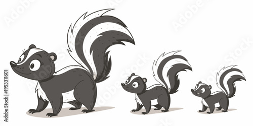 Skunks standing in a cute monochrome vector set, illustrated in a simple, clean, and modern style with playful poses.