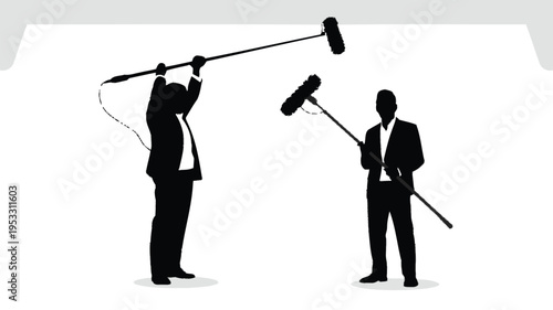 Two professionals conducting an interview with microphones and recording equipment isolated on white background, Vector, illustration