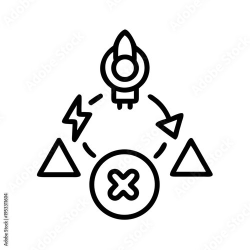 Business failure and recovery cycle with rocket triangles and cross icon on transparent background