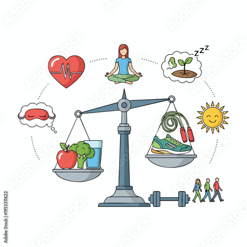Balance scale illustrating a healthy lifestyle with food, exercise, sleep, and mind