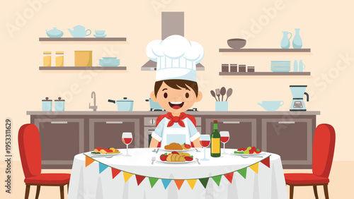 Smiling little boy dressed as a chef presents a delicious meal on a festive table with decorations in a cozy kitchen with various utensils.