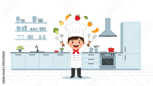 Energetic young chef in a white hat and uniform juggles fresh colorful vegetables in a modern kitchen with white cabinets and cooking appliances.