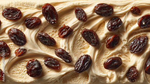 ラムレーズンアイスとラム漬けレーズンのクローズアップ / Rum Raisin Ice Cream with Soaked Raisins Close-Up