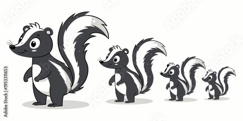 Skunks monochrome vector set of five cute standing animals with simple outlines and no background details for artistic expression.