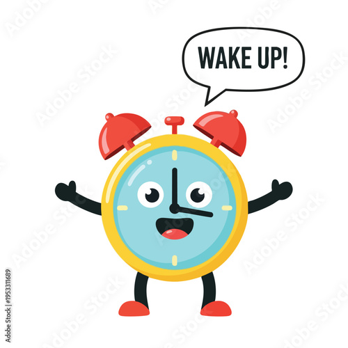 Cheerful alarm clock with arms and legs, announcing "WAKE UP!" with a smile