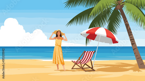 Woman in a flowing yellow dress stands on a sunny tropical beach next to a red and white umbrella and a striped lounge chair near the sea.