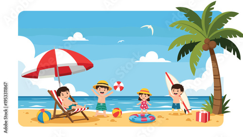 Group of happy children play with beach balls and surfboards on a sandy shore under a red umbrella with palm trees and blue ocean waves.