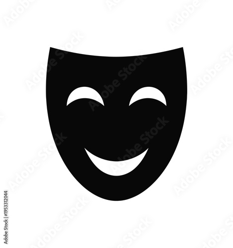 Classic black comedy mask with a cheerful smile expression on a white background isolated on white background, Vector, illustration