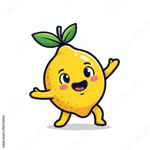 A cheerful cartoon lemon with a face and limbs, mid-dance on a white background