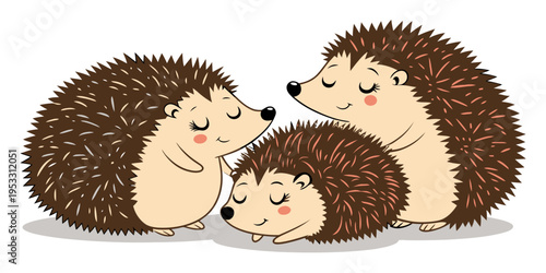 Hedgehog cute cartoon characters with whimsical expressions, a charming trio for children's book illustrations and playful designs.