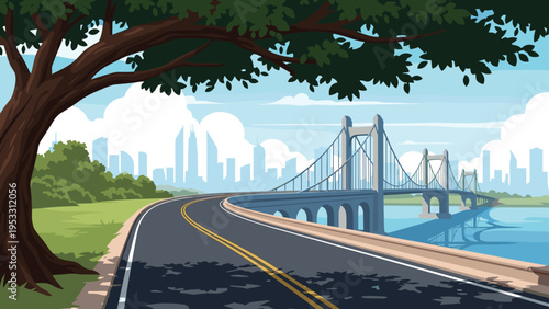 Winding road leads toward a modern suspension bridge that crosses a river with a distant city skyline under a soft blue sky with clouds.