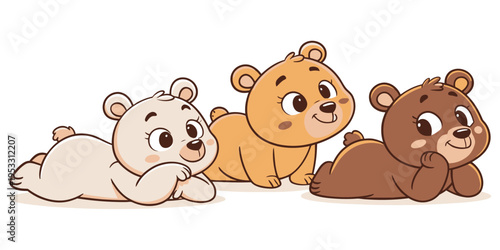 Four cute cartoon bears lying down in a cheerful vector pack illustration, perfect for children's designs and playful themes.