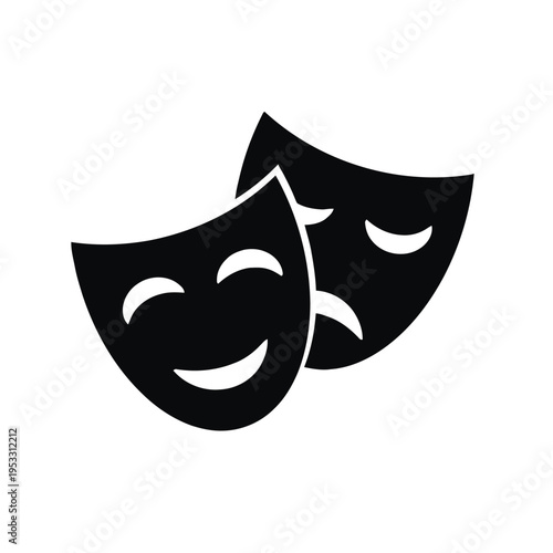 Two classic theater masks symbolizing comedy and tragedy in black and white design isolated on white background, Vector, illustration