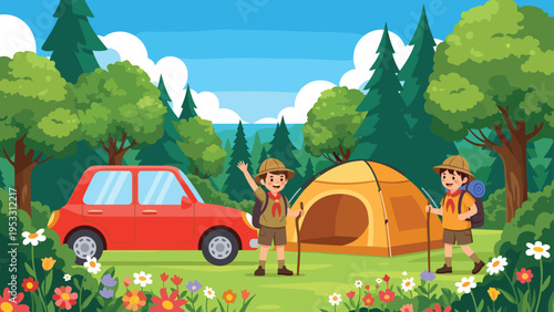 Two young scouts go camping in a forest with a yellow tent and a red car parked on a flowery field surrounded by many green pine trees.