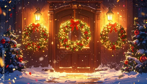 A warmly lit holiday scene depicts a wooden door adorned with three festive wreaths, flanked by snowy trees. Confetti falls gently