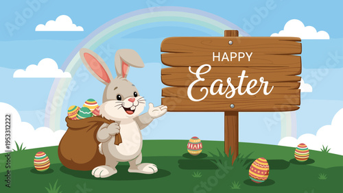Cheerful easter bunny stands next to a wooden happy easter sign while carrying a sack filled with colorful decorated eggs on a green hill.