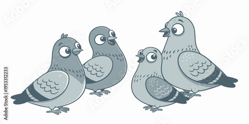 Pigeons vector illustration with a simple, cute style, depicted as a pack of four birds sitting together, presented in EPS format.