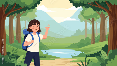 Young female backpacker waves happily while standing on a path in a beautiful green valley with a small pond and mountains in the distance.