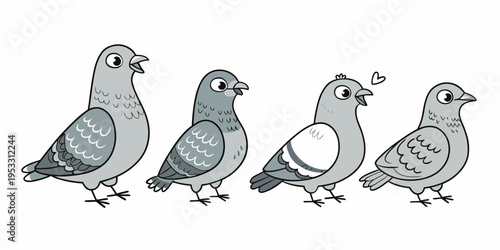 Four cute cartoon pigeons depicted in a simple vector illustration, with gentle curves and friendly expressions.