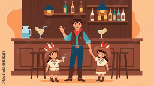 Man dressed as a cowboy stands in a rustic saloon with two young girls in traditional indigenous costumes while holding small glasses.