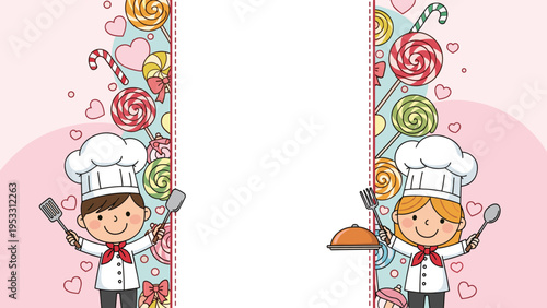 Two cute young chefs in uniform hold kitchen tools and a serving dish inside a frame decorated with many colorful lollipops and hearts.