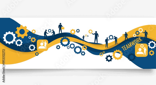 Teamwork concept with gear icons and people.