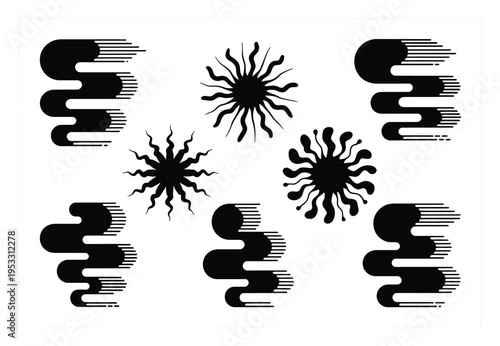 Abstract Black and White Sunbursts and Flowing Shapes