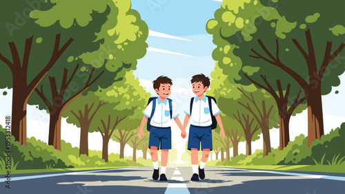 Two schoolboys in uniforms hold hands and walk together down a tree-lined road on a bright day with a clear blue sky in the background.