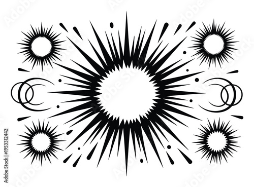Black and White Abstract Bursting Star and Circle