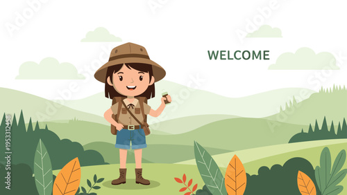 Cheerful safari girl character in scout uniform stands in a peaceful mountain landscape to welcome travelers to the great outdoors.