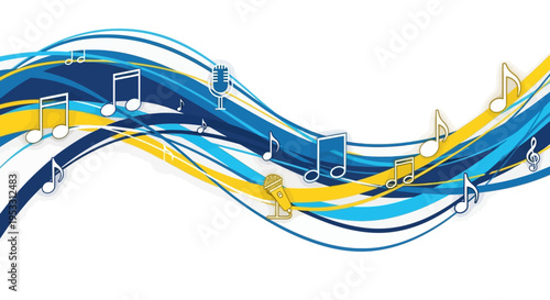 Vibrant musical notes and wavy lines.
