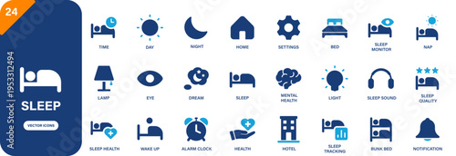 Sleep icon collection featuring bed, sleep quality, alarm clock, nap and mental health symbols. Solid vector icons.