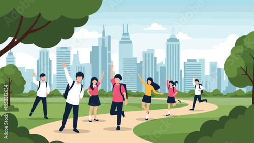 Happy group of students in school uniforms celebrate their graduation by jumping and waving in a green park with a modern city skyline.