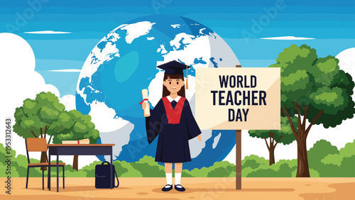 Graduating student holding a diploma stands in front of a large globe and a sign celebrating world teacher day in an outdoor park.