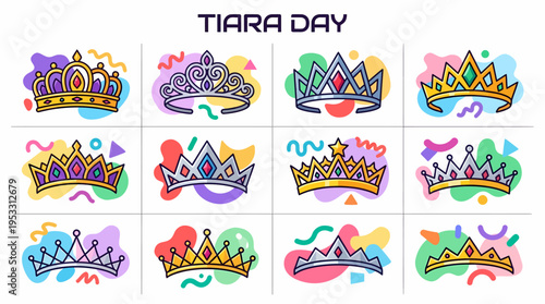 Collection of Colorful Crown Icons: Tiara Day Celebration