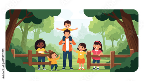 Happy father stands with his five diverse children in a lush green forest park featuring a rustic wooden fence and tall trees.