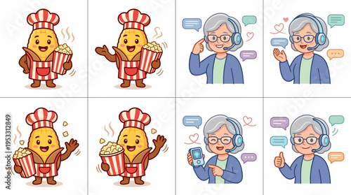 Cute Corn Character with Popcorn & Elderly Woman Operator Set