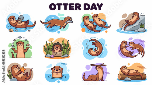 Cute Otter Collection Vector Illustrations Set