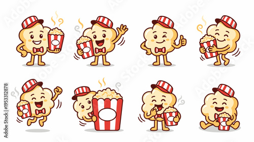 Cute Popcorn Characters with Hats and Buckets