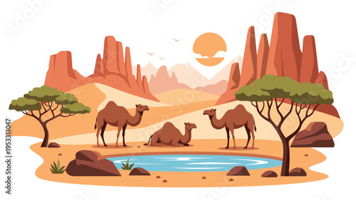 Three camels rest and graze near a desert watering hole surrounded by tall red rock mesas and golden sand dunes at sunset.