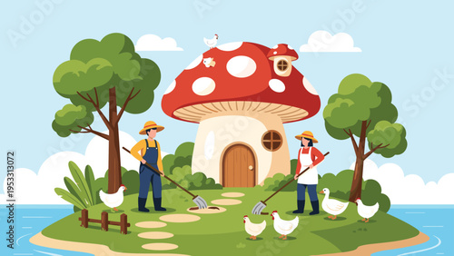 Man and woman farmers tend to their island garden featuring a whimsical mushroom house and a variety of friendly farm birds.