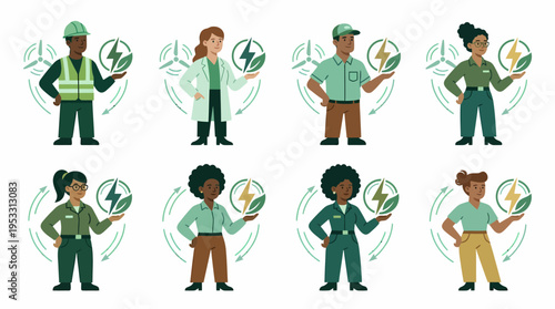 Diverse Renewable Energy Team with Wind Turbines and Green Energy Symbol
