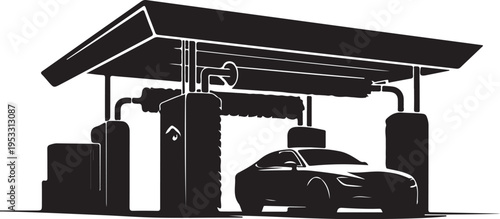 Black silhouette of car at gas station with pumps vehicle