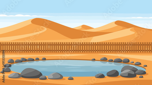 Peaceful desert oasis features a clear blue watering hole surrounded by rocks and a wooden fence against a backdrop of sand dunes.