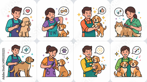 Dog Grooming Service - Happy Pets and Stylists Illustrations